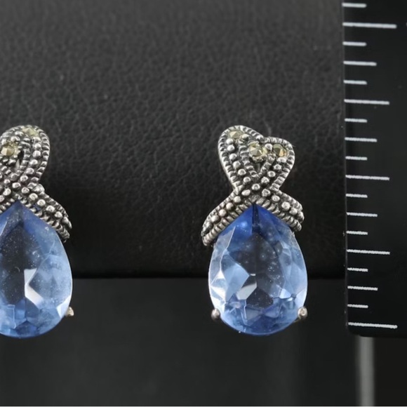 Elegant Blue Teardrop Earrings. Sterling glass and Marcasite - Picture 2 of 5
